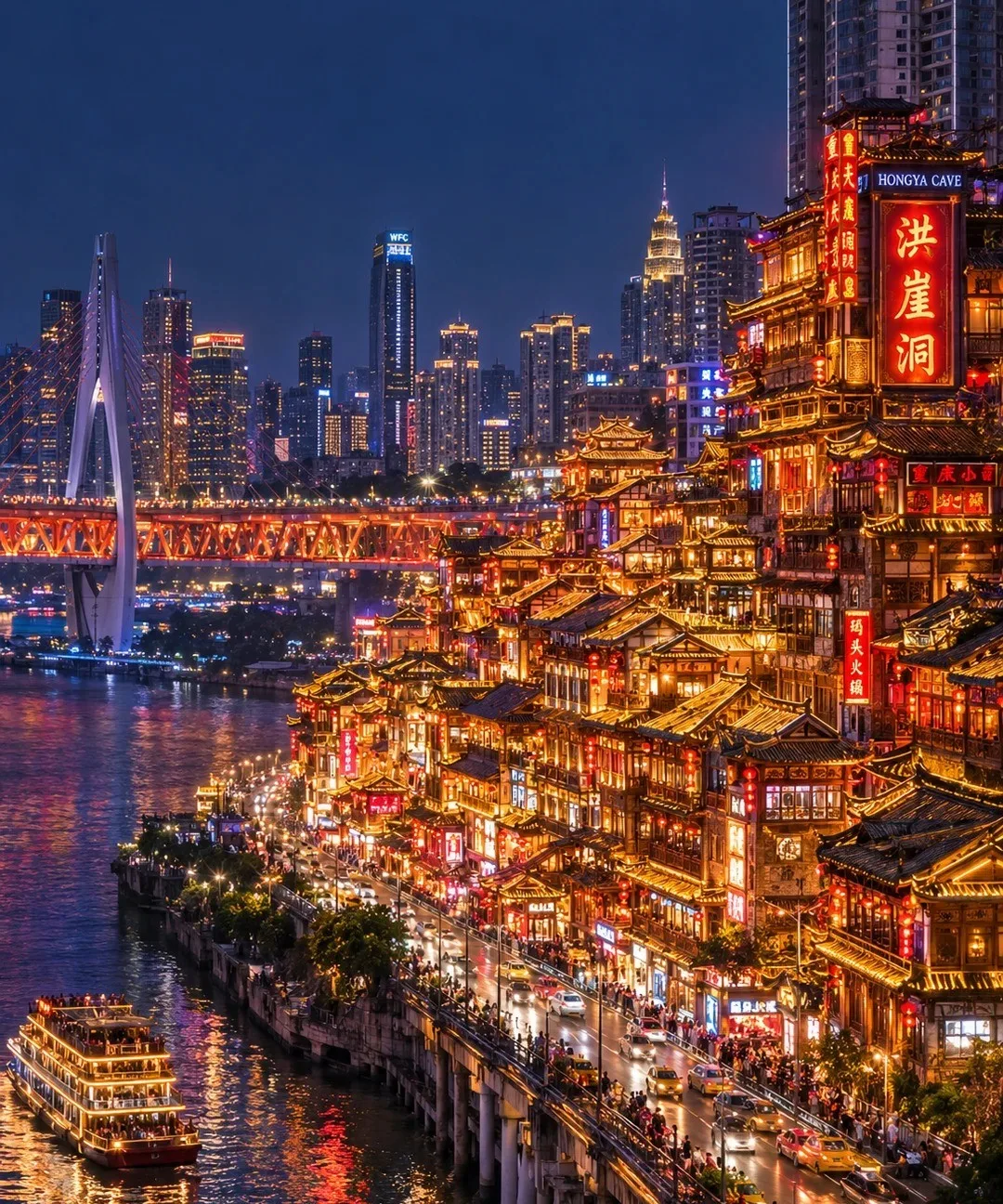 From the City Balcony on the top tiers — the Jialing River and the Jiangbeizui skyline spread below.