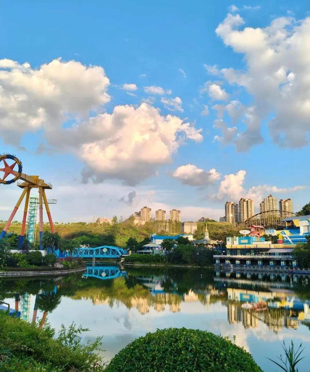 The FlyOver coaster plunges along the hillside — the park's most intense ride.